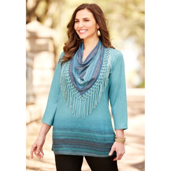 ONE WORLD Tops - One World New Blue Green Henna Print Removable Fringe Scarf Tunic Top Shirt S